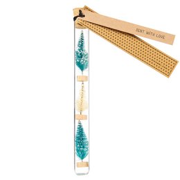 Decorative Christmas tree with white and teal accents, made of glass and wood. Suitable for holiday decor.