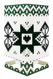 A knitted candle holder greeting card with a Nordic-inspired pattern featuring a snowflake design in shades of green, black, and white.