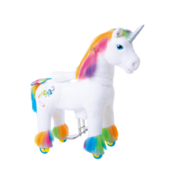  "A plush brown horse riding toy with blue and yellow accents, suitable for children ages 3-4. The toy features a soft, furry body and realistic details."