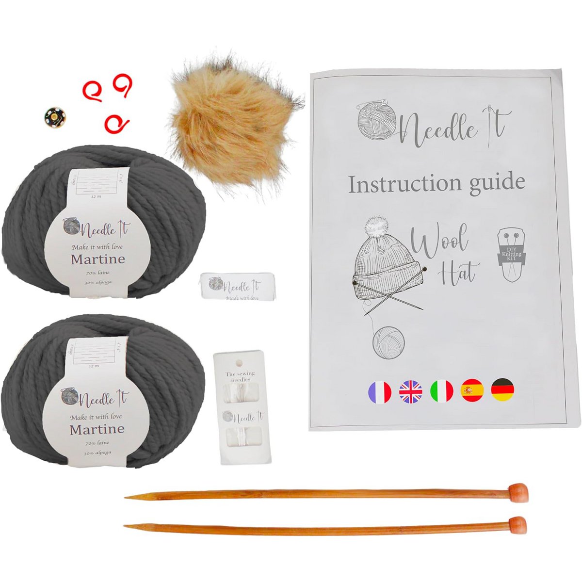 NEEDLE IT® Komplettes Strickset für graue Mützen – DIY-Wollmütze für Kinder und Erwachsene – Komplettset mit Nadeln, Knäueln und Anleitung – Französische Wolle (Grau)