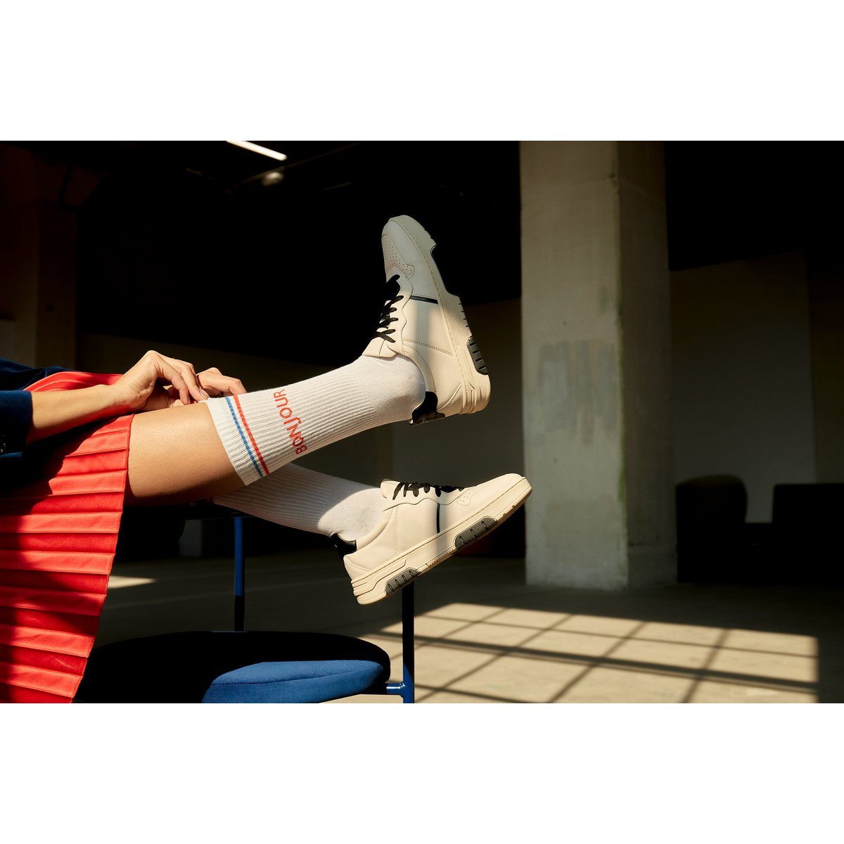 Organic socks Bonjour - white tennis socks with stripes and lettering