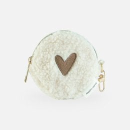 Beige teddy coin purse with a heart-shaped design, suitable for storing coins and small items.