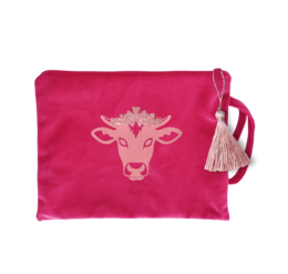 Dark green and navy velvet cosmetic bag with "Happy Holidays" gold text, star design, and red tassel handle.