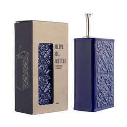 Blue and green ceramic oil vinegar dispenser set with ornate damask pattern, square bottle shape, metal spout.