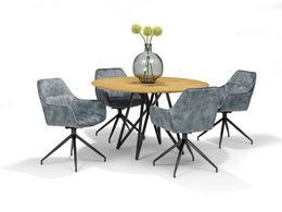 Round dining table made of mango wood with natural finish, paired with 4 gray swivel chairs with metal legs.