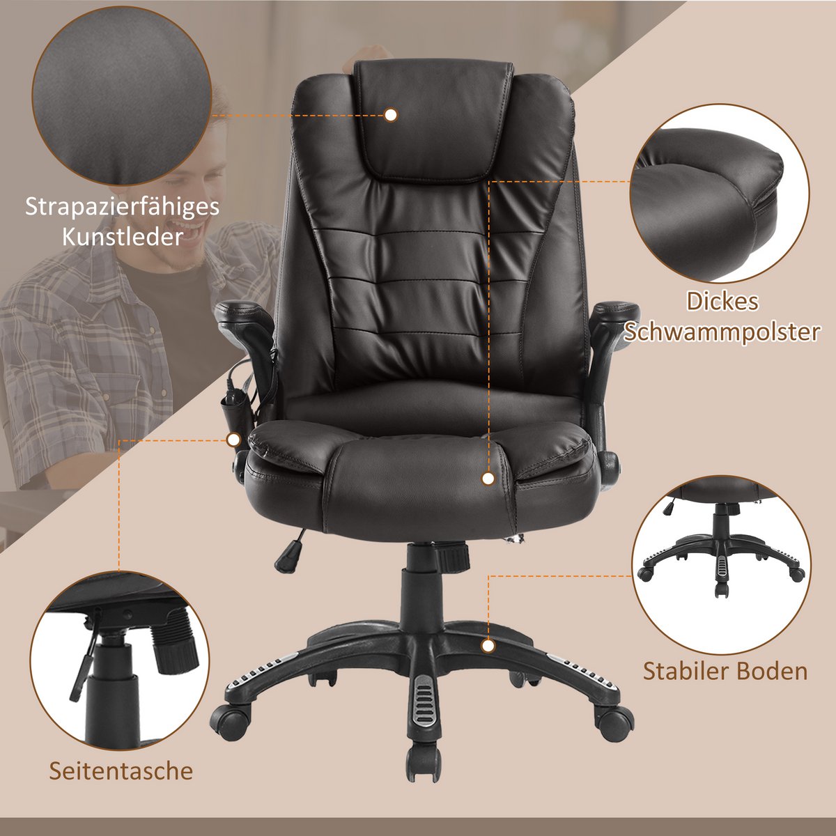 Silla de oficina con función de masaje, función de calor, altura regulable, función de inclinación, silla de oficina de masaje, blanco crema + negro