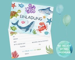 Onderwater uitnodigingskaartenset om in te vullen inclusief enveloppen voor verjaardagsfeestjes voor haaienkinderen of zeemeerminfeestjes