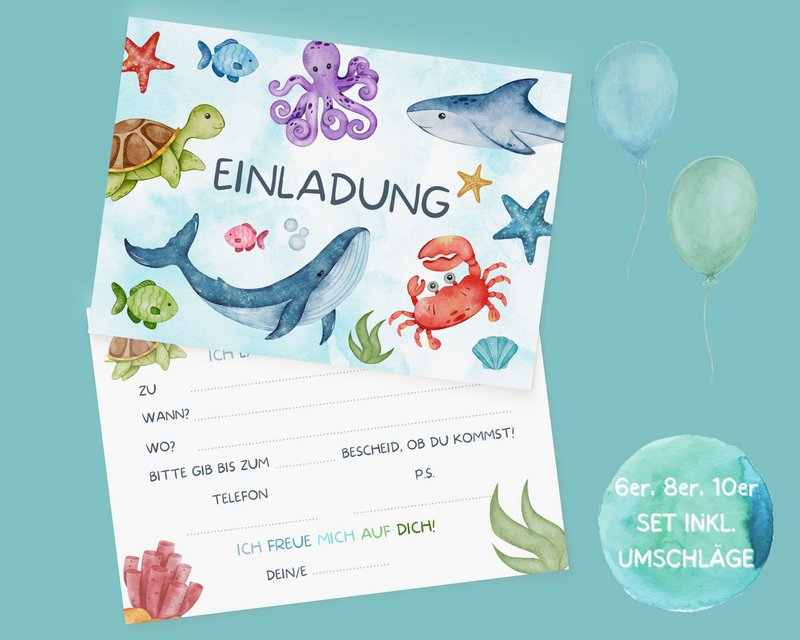 Underwater invitation card set to fill out including envelopes for shark children's birthday parties or mermaid parties