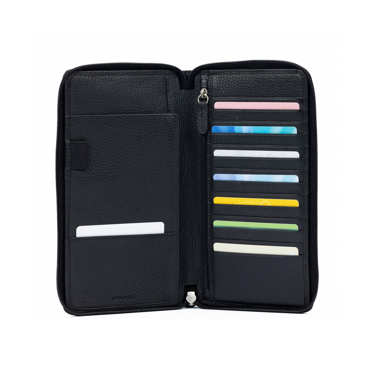 K0005AB | Reisedokumentenhülle aus echtem Vollnarbenleder, genarbter Dollar – Farbe Schwarz – Maße: 12,5 x 22 x 2 cm – Verpackung: Tnt-Tasche