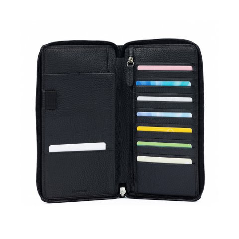 K0005AB | Reisedokumentenhülle aus echtem Vollnarbenleder, genarbter Dollar – Farbe Schwarz – Maße: 12,5 x 22 x 2 cm – Verpackung: Tnt-Tasche