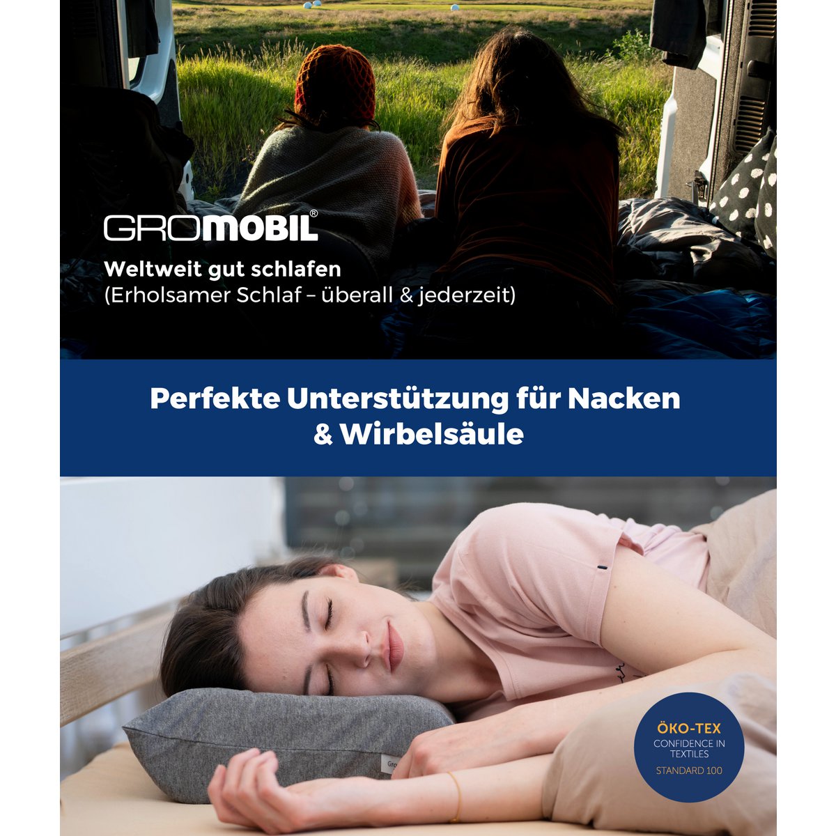 GROMOBIL® Reise-Nackenstützkissen TRAVEL – Orthopädisches Kissen: ergonomisch & atmungsaktiv für Hotel, Pension, Ferienwohnung & Camping