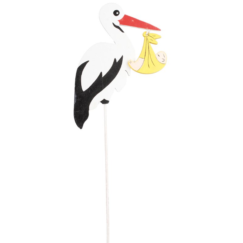 Houten ooievaar Willy met baby om op te plakken, B9cm, H10cm, stok: 20cm, zwart/wit
