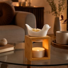 Naturea Series Perfume Burner – Birdy White – Bamboo and Ceramic Candle Holder – Diffusion of Scented Wax, Essential Oils – Gift Idea