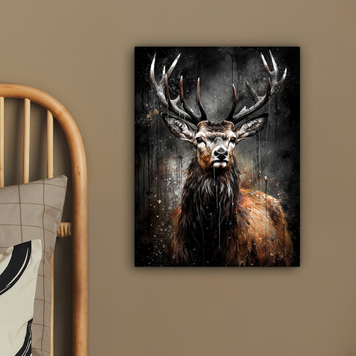 Leinwand Malerei - Wanddekoration Hert - Schwarz - Tier - Hirschbett - Wanddekoration Wohnzimmer - Schlafzimmer Dekoration - Raumzubehör - Leinwand Gemälde