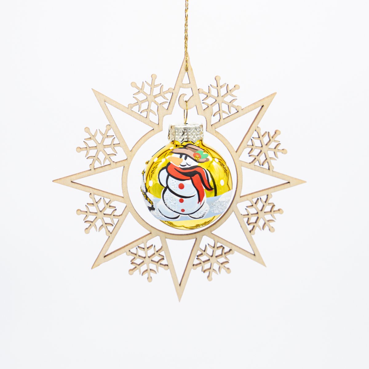 Holzstern mit Weihnachtskugel Schneemann