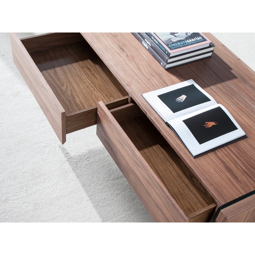 Walnut wood coffee table and tempered glass