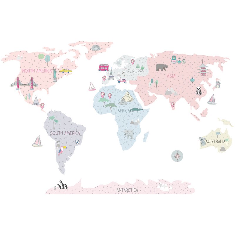 Naklejka ścienna | Mapa Świata Różowa