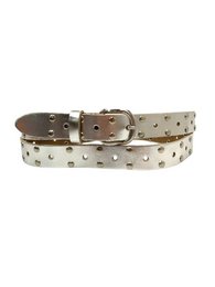  Long leather belt with silver studs. Stylish accessory for casual or formal wear.
