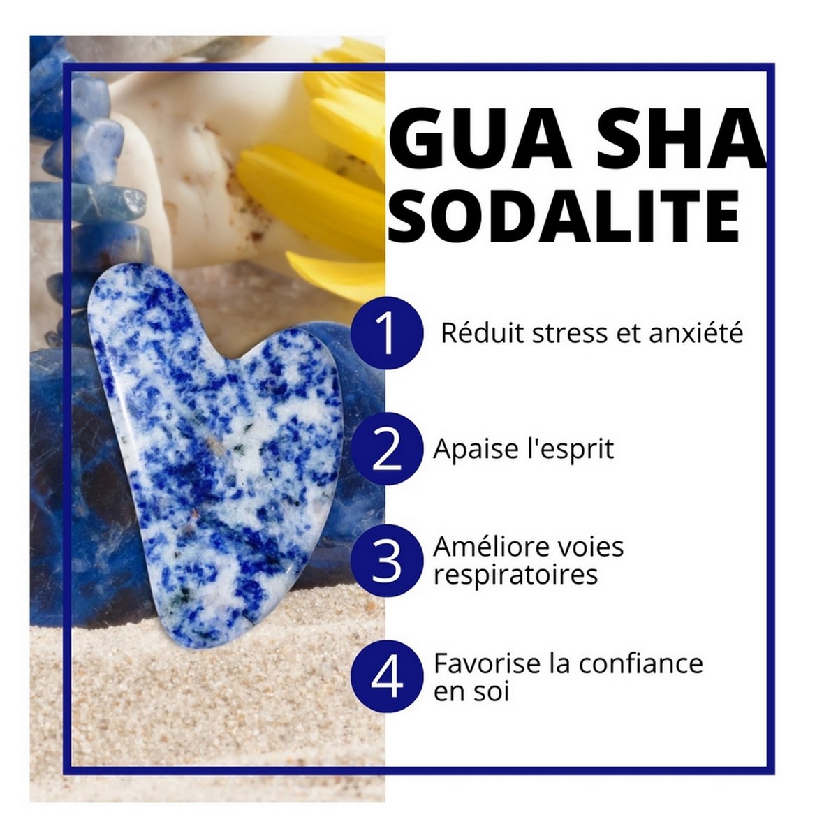 Gua Sha Sodalite Bleue - Masseur Face and body in natural stone - Stimulates circulation - firmer and elastic skin