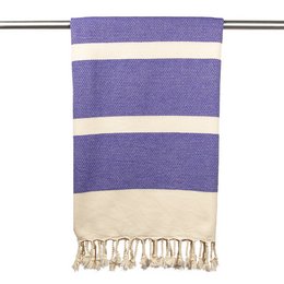 Organic cotton hammam towel in a lilac and white striped pattern, with tasseled edges.