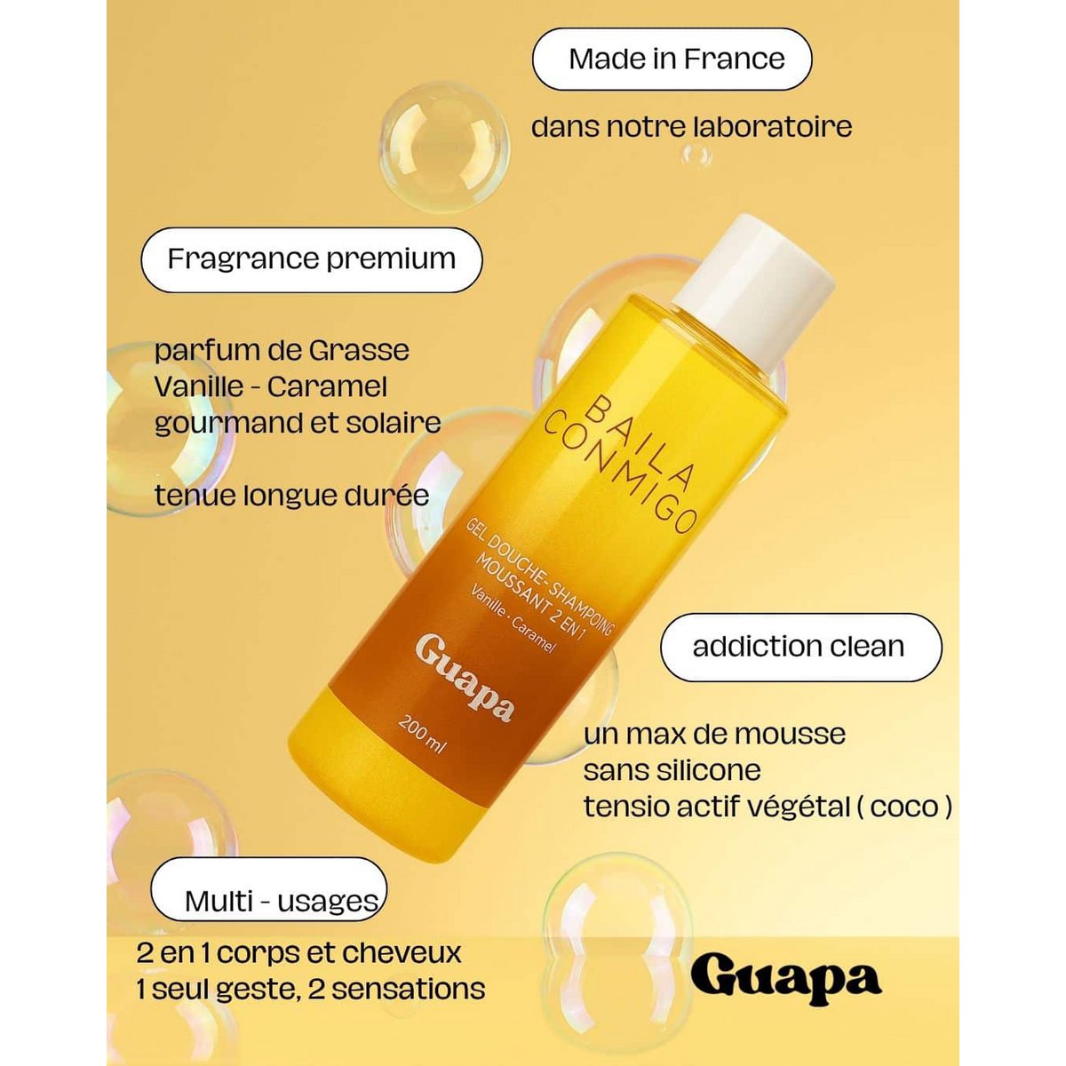 Shower gel - 2 in 1 foaming shampoo - GUAPA - Vanilla caramel