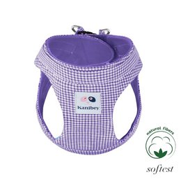 A purple and white gingham patterned dog harness with a soft, padded design for comfortable wear. The harness features a simple, minimalist style that is suitable for small to medium-sized dogs.