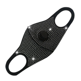 A black face mask with bright sequins. The mask has a decorative pattern of small shiny sequins covering the surface.