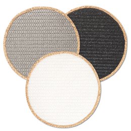 Round paper placemats, natural jute border, black white grey colors, textured woven design, nature style table setting.