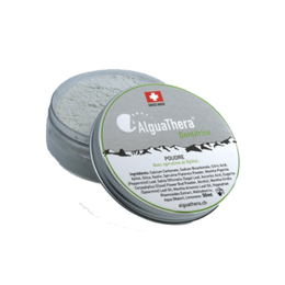 Natural toothpaste powder and mouthwash in a round gray container with a red cross logo.