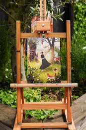 Wooden easel display, A5 illustration print, dancing couple garden scene, vintage style artwork, 300gsm paper.