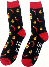 Black socks with red hot chili peppers and flame pattern, red heel and toe.