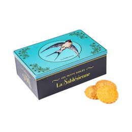 Buttery shortbread cookies with caramel chips in a decorative metal box. Rectangular shape, brown color, metal material.