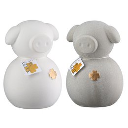 Spaarpot geluksvarken 2-ass. grijs, wit H. 12,5 cm, VE 8