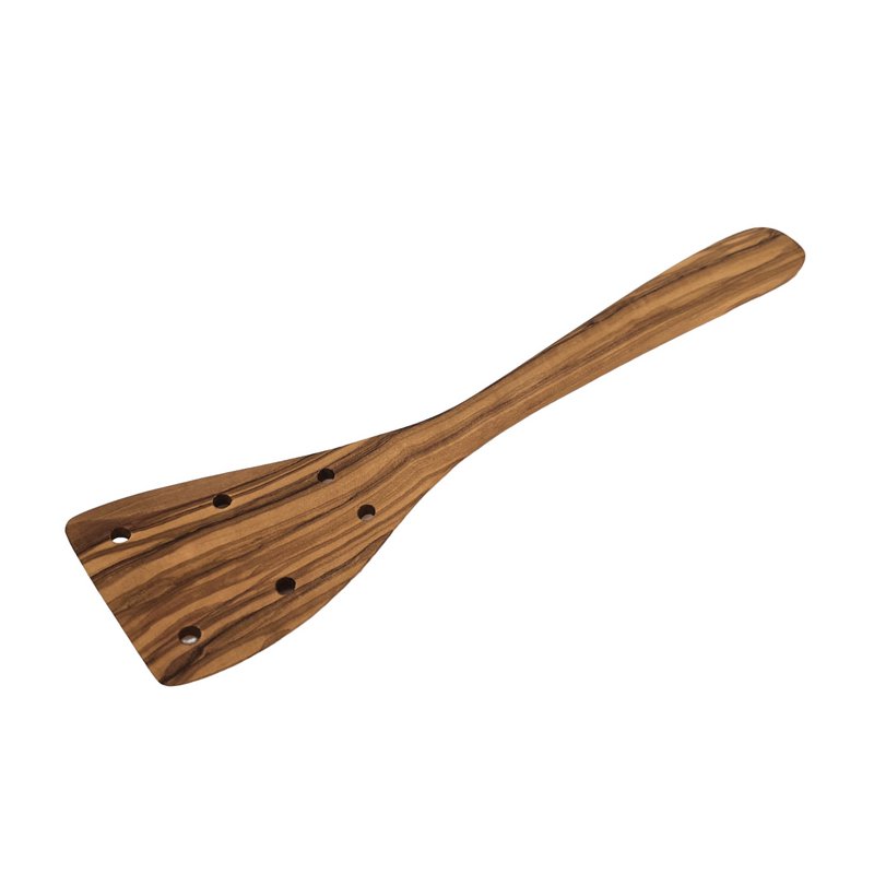 Slanted spatula with holes length 30 cm made of olive wood