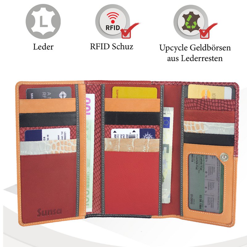 Sunsa women's wallet. leather purse. Wallet with RFID protection. Sustainable wallet made from leather scraps. Large women's wallet with many credit card compartments - wallet/purses for women the best gift idea.