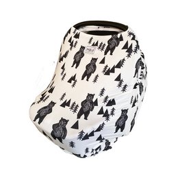 A multi-use nursing and protection cover for Maxi Cosi prams, featuring a forest-themed pattern with bears in black and white.