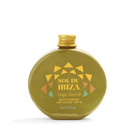 Small round bottle with gold cap and label featuring a sun design, containing a sunscreen product labeled "Sol de Ibiza" with SPF 15 for face and body.