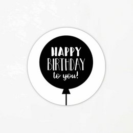 Set of 5 black and white birthday stickers with "Happy Birthday to you!" text on a balloon-shaped design.