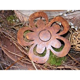 Vintage hanging metal flower decoration with patina finish, available in 3 sizes, suitable for use as a wind chime or garden decor.