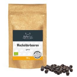 Organic juniper berries, wild collected, 200g. Dark brown, round berries with a distinctive pine-like aroma and flavor. Suitable for seasoning meats, stews, and marinades.