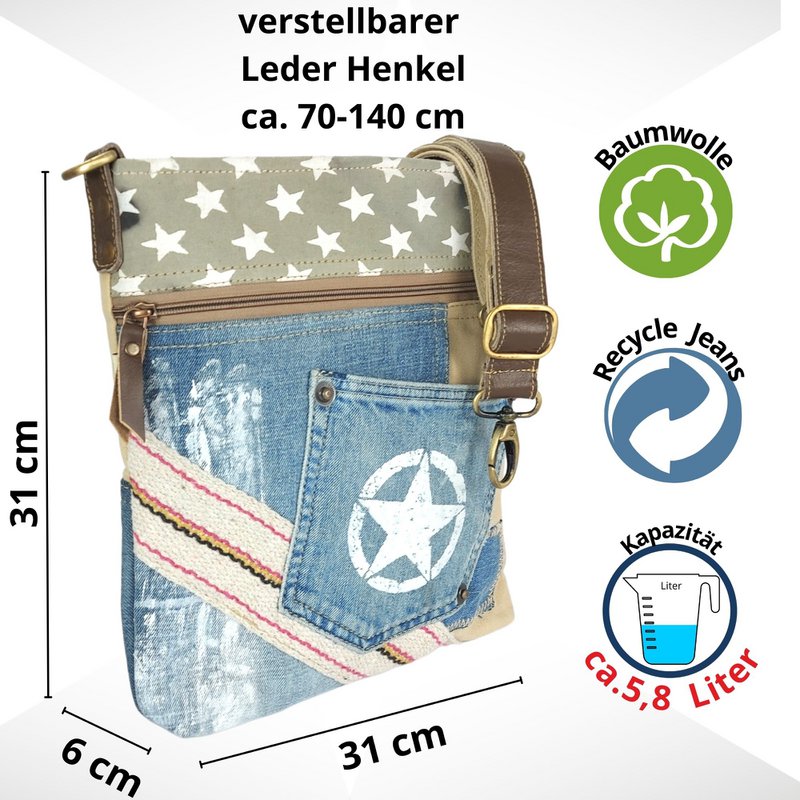 Bolso bandolera de mujer Sunsa. Bolso sostenible hecho de lona y jeans reciclados. Bolso bandolera vegano vintage. Bolso bandolera pequeño