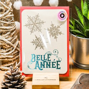 Letterpress Happy New Year Snowflakes greeting card, turquoise (with envelope)