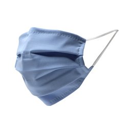 Washable face mask with nose bar, ice blue color, suitable for protection against airborne particles.