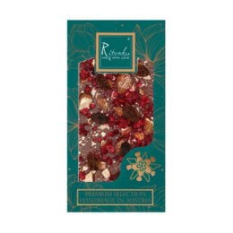Premium milk chocolate bar with raspberries, raisins, and almonds. Dark red and brown chocolate with visible fruit and nuts.
