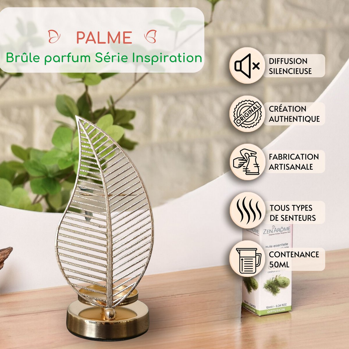 Brûleur à Huile et Fondant Parfumé Série Inspiration Palme – Diffuseur Brûleur Huiles Essentielles, Cire Fondant Parfumé et Parfum d’Ambiance – en Métal Motif Décoratif
