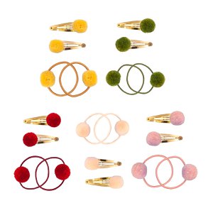 Set Hairclips and Hair Elastics Pompom (1 set/card) Assorted 5 colours