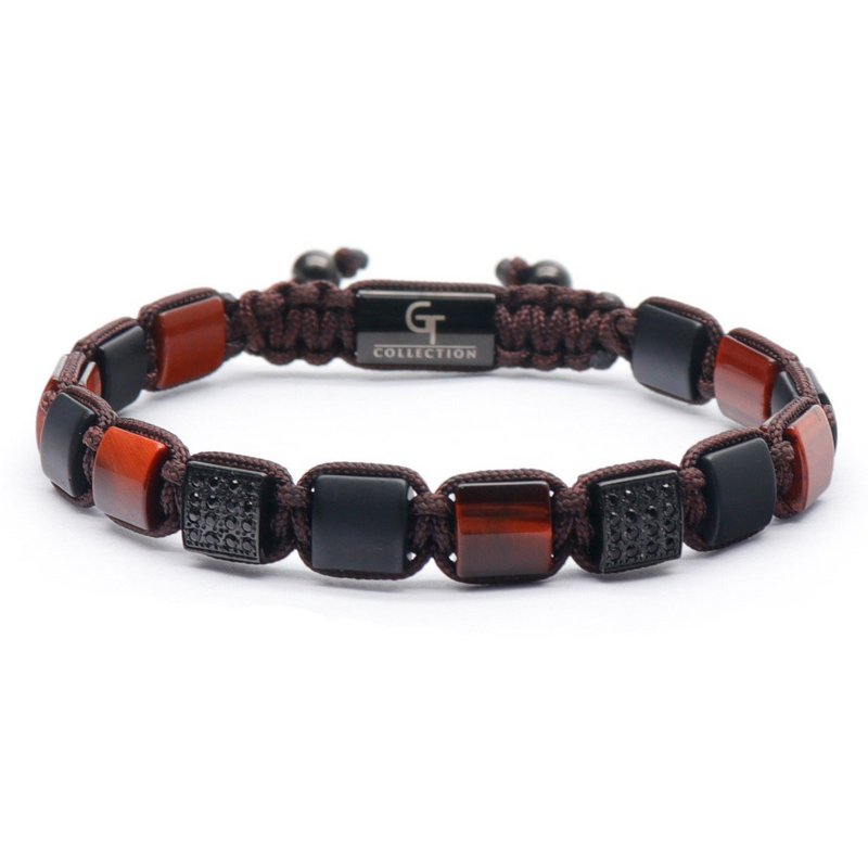 Roter Tigerauge für Männer, schwarzes Onyx Flat Perlenarmband