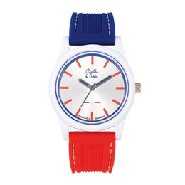 White case unisex watch with blue and red silicone strap, tricolor design, round dial face