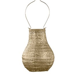 Gold-colored solar-powered outdoor lantern with a unique, textured design. Ideal for garden or patio lighting.