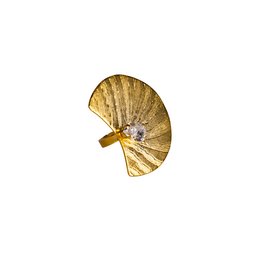 Unique gold-toned statement ring with a textured, shell-like design and a sparkling crystal accent.